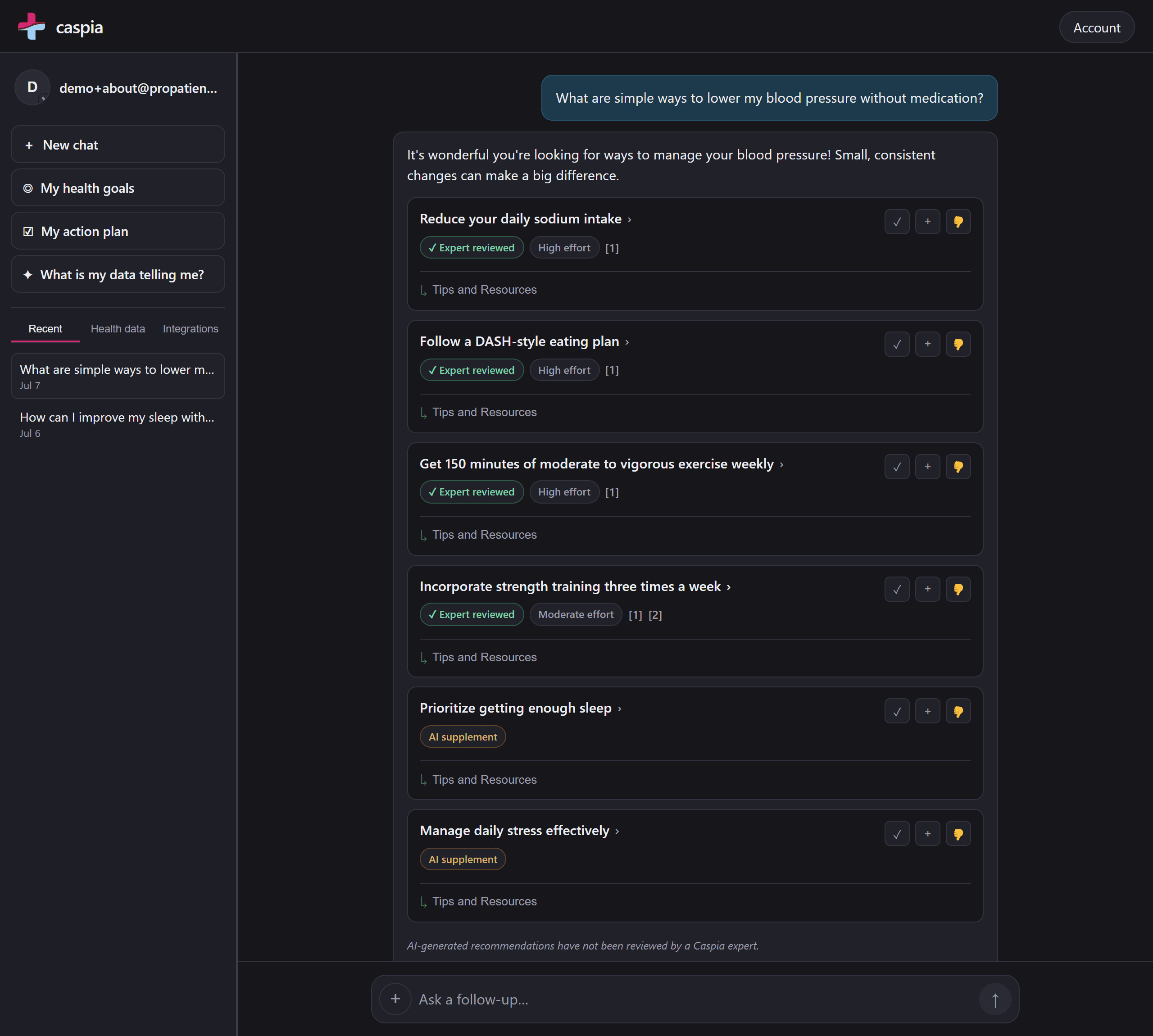 The signed-in Caspia workspace: a sidebar with health goals, an action plan, and recent chats, next to an answered question with recommendation cards labeled Expert reviewed and AI supplement.