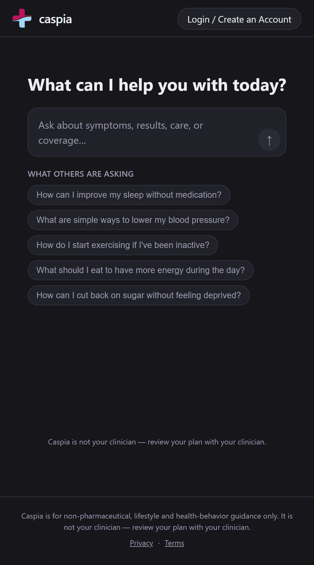 The Ask Caspia screen on a phone: a question box with examples of what others are asking, like improving sleep without medication.
